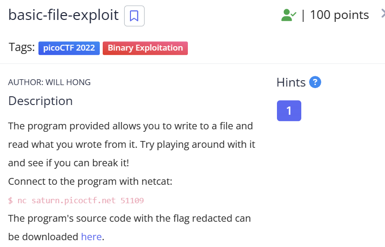 [Pico CTF 2022]pwn-basic-file-exploit